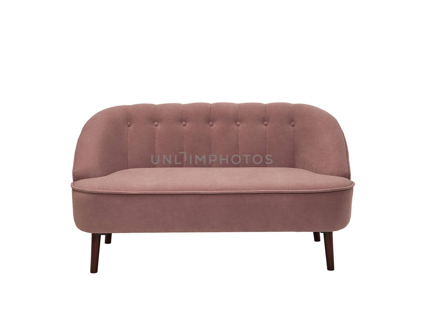 vintage pink fabric sofa isolated on white background, front view. retro couch, furniture in minimal style, interior, home design