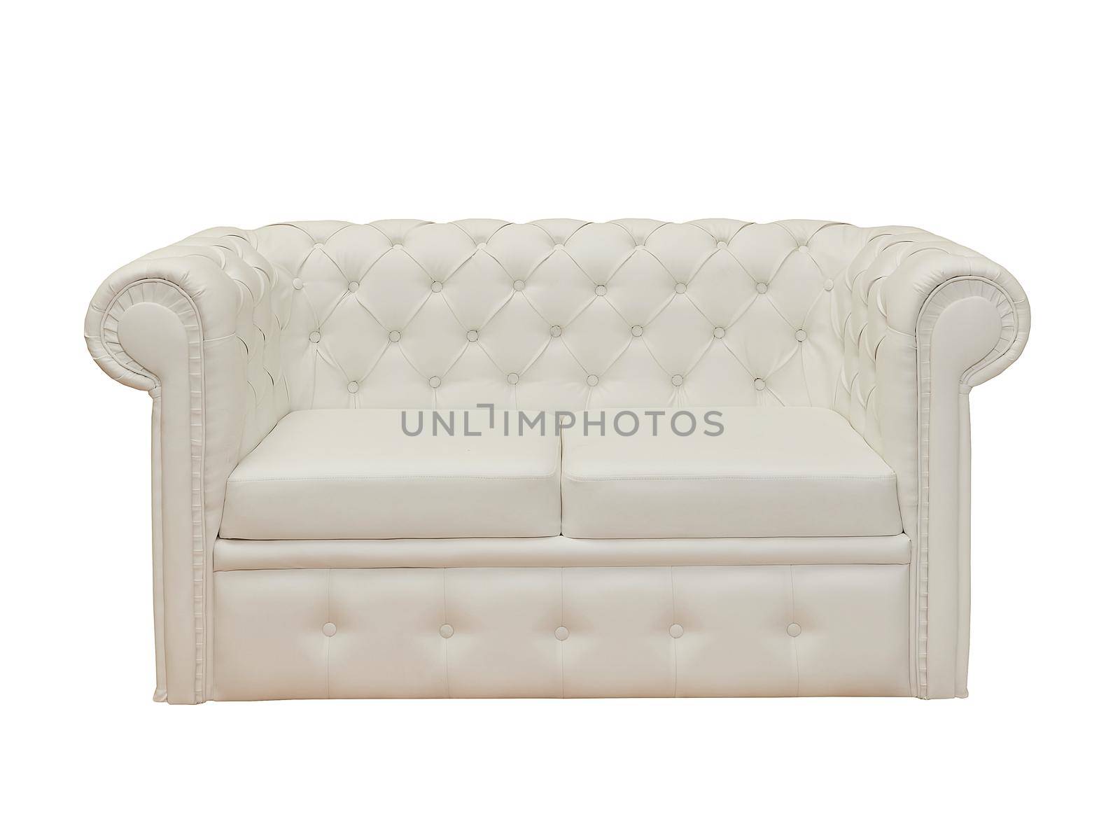 small beige leather couch in vintage style isolated on white background, front view. retro furniture in minimal style, interior, home design