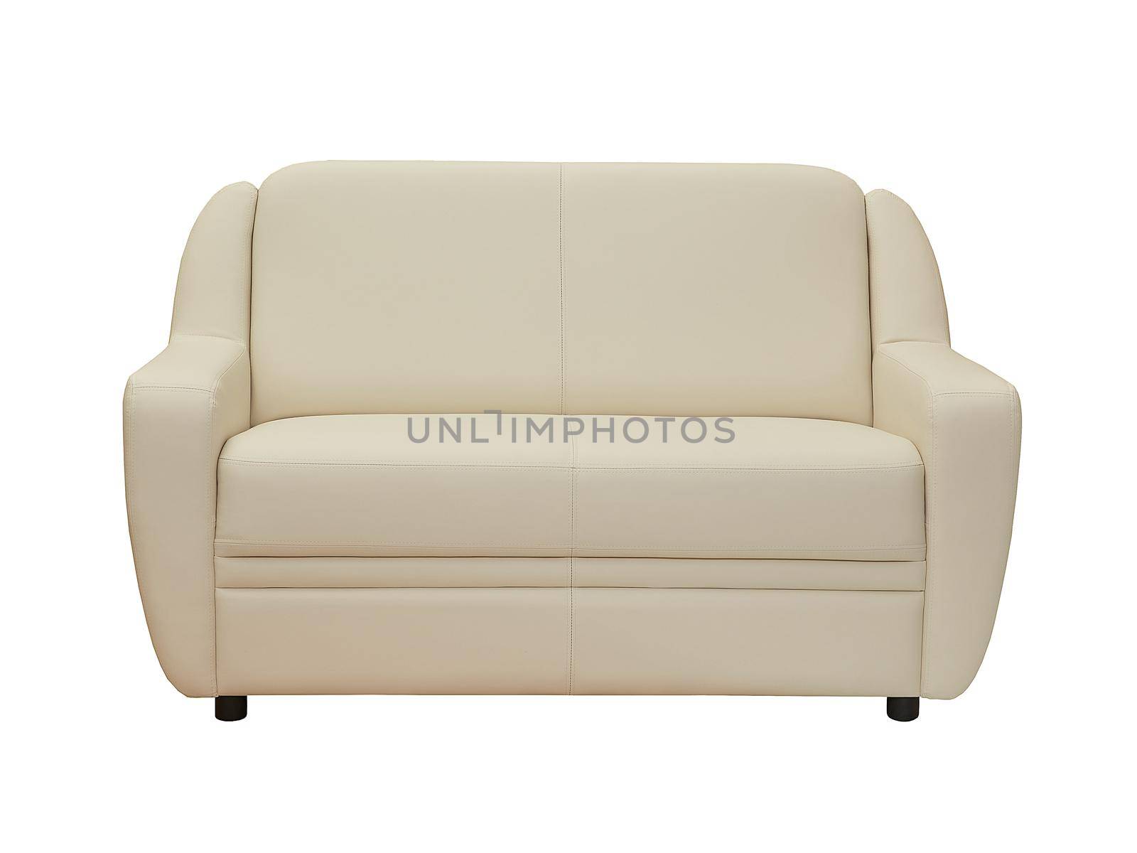 small beige contemporary leather couch isolated on white background, front view. modern furniture in minimal style, interior, home or office design