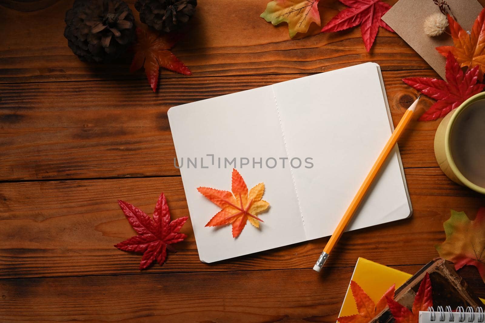 Top view empty notebook, coffee cup and maple leaves on wooden background.