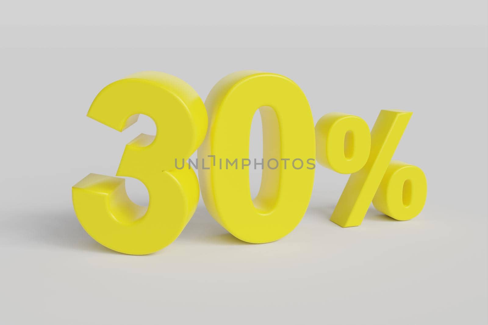 30% off on sale. Thirty percent 3D render yellow font isolated over white background with shadow and reflection. Clipping path included.