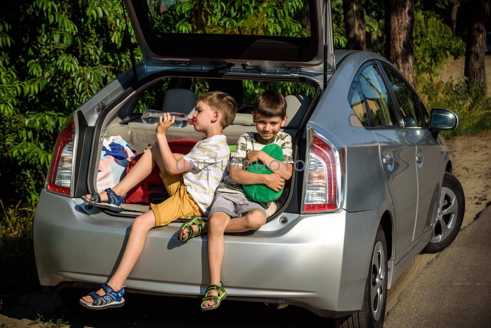 Two happy children boy and his brother sitting together in a car trunk. Cheerful kids hugging each other in family vehicle luggage compartment. Weekend travel and holidays concept by Kobysh