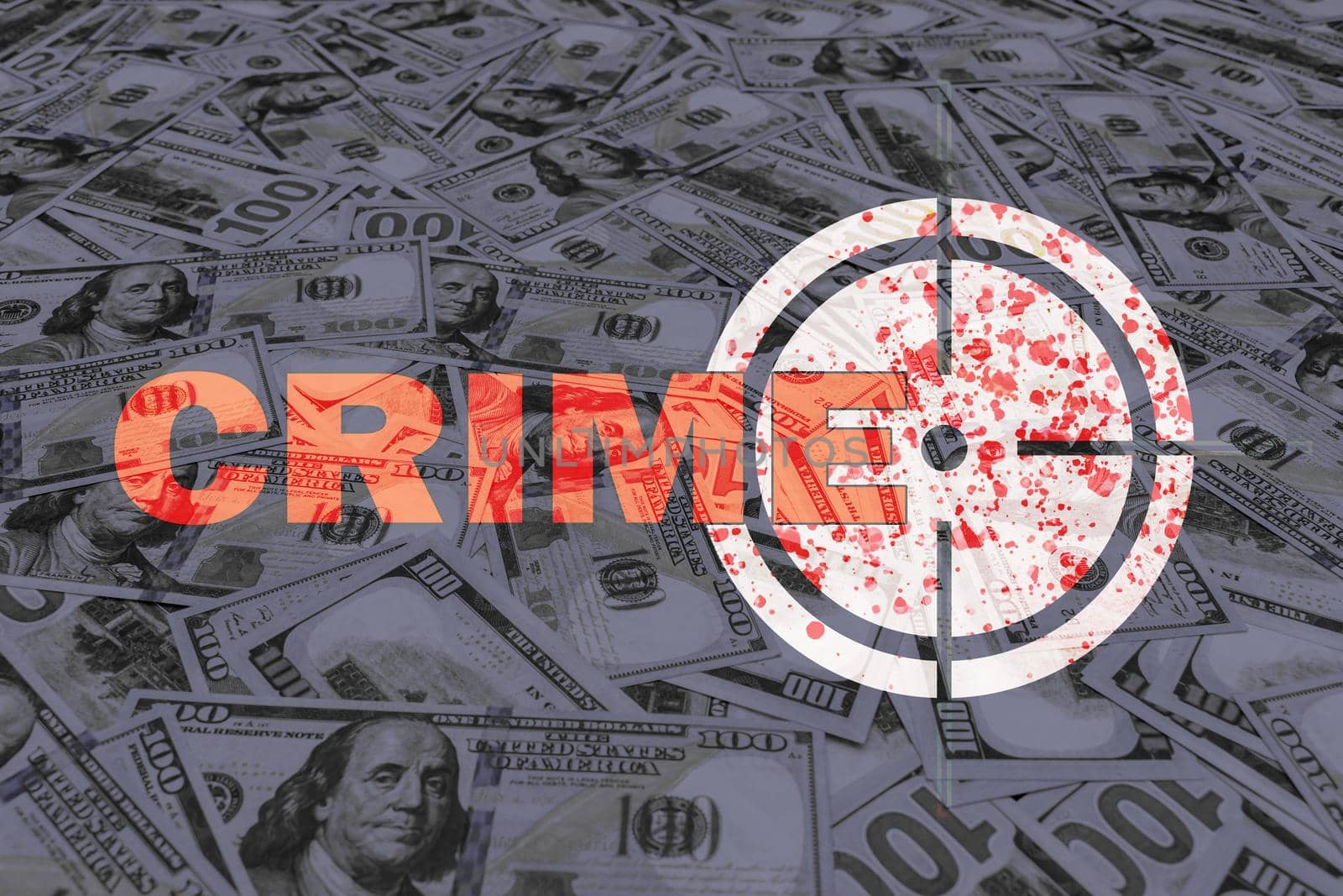 Illustration depicting cash with the word crime by Skaron