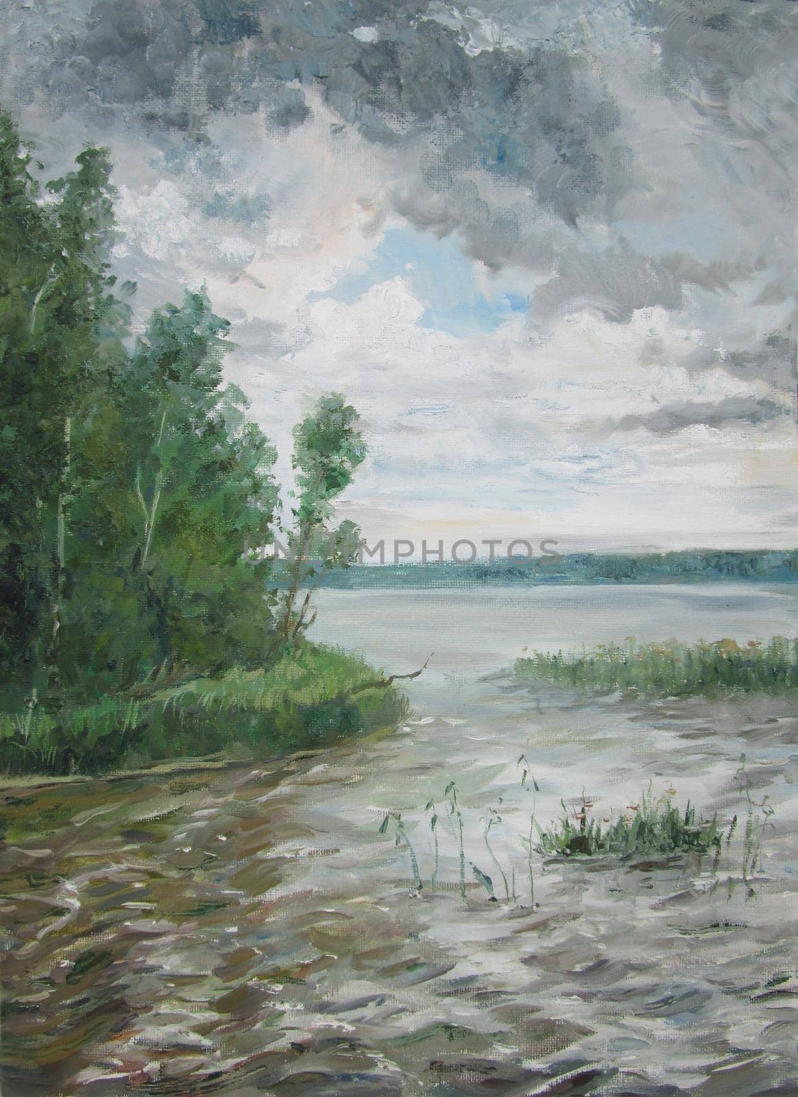 Big lake in the north, oil painting . High quality photo