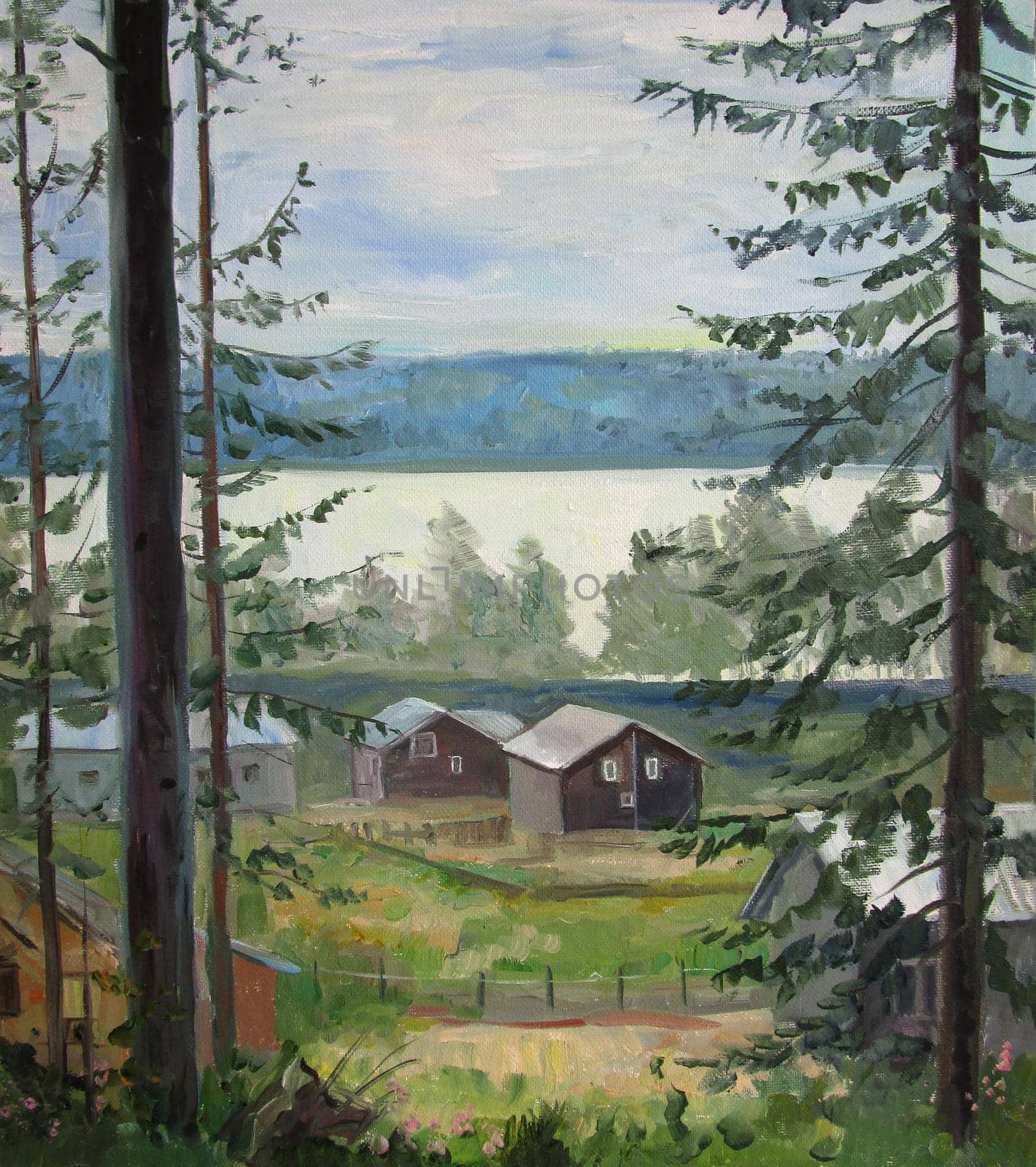 Nord place in summer with wood and houses, oil painting. High quality photo