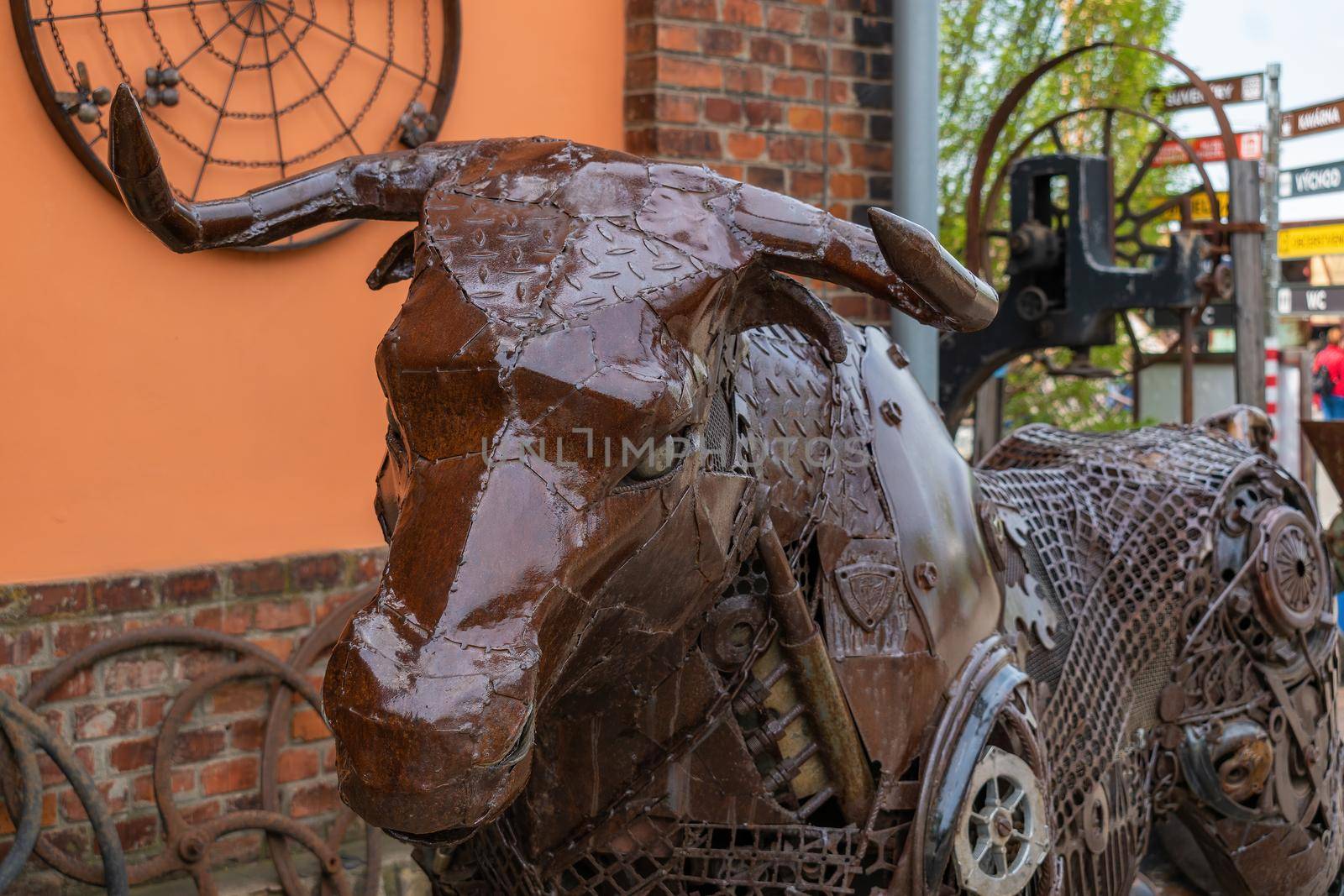 Stare Mesto, Czech Republic 29 April 2022 Metal ZOO original exposition of metal waste, technology and retro objects. Buffalo head from metal waste