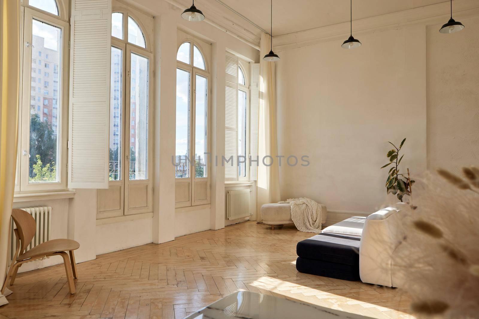Comfortable modern sofa located in front of large windows inside spacious sunlit living room