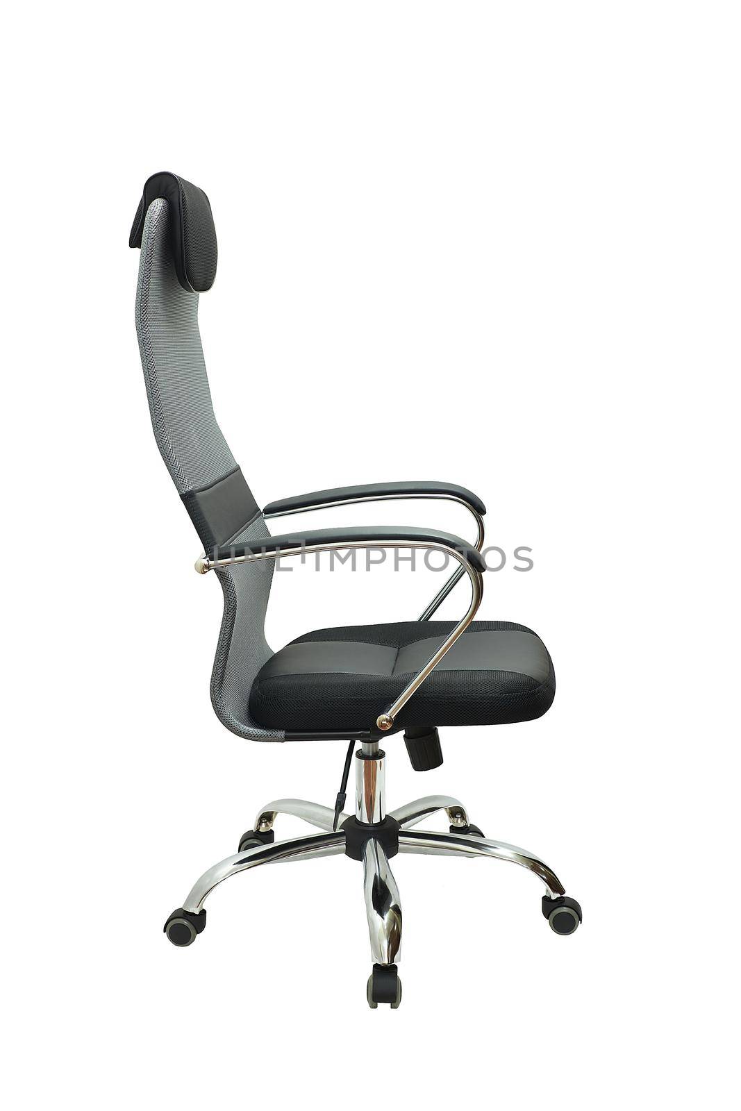 gray office fabric armchair on wheels isolated on white background, side view. modern furniture, interior, home design