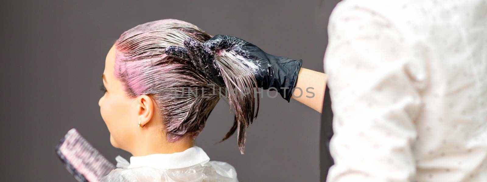 Female hairdresser dyeing hair of young caucasian woman in hair salon