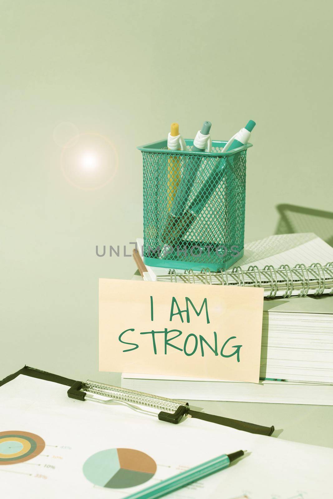 Conceptual display I Am Strong. Business overview Have great strength being healthy powerful achieving everything Important Messages Presented On Presentation Board With Arrows Up Around. by nialowwa