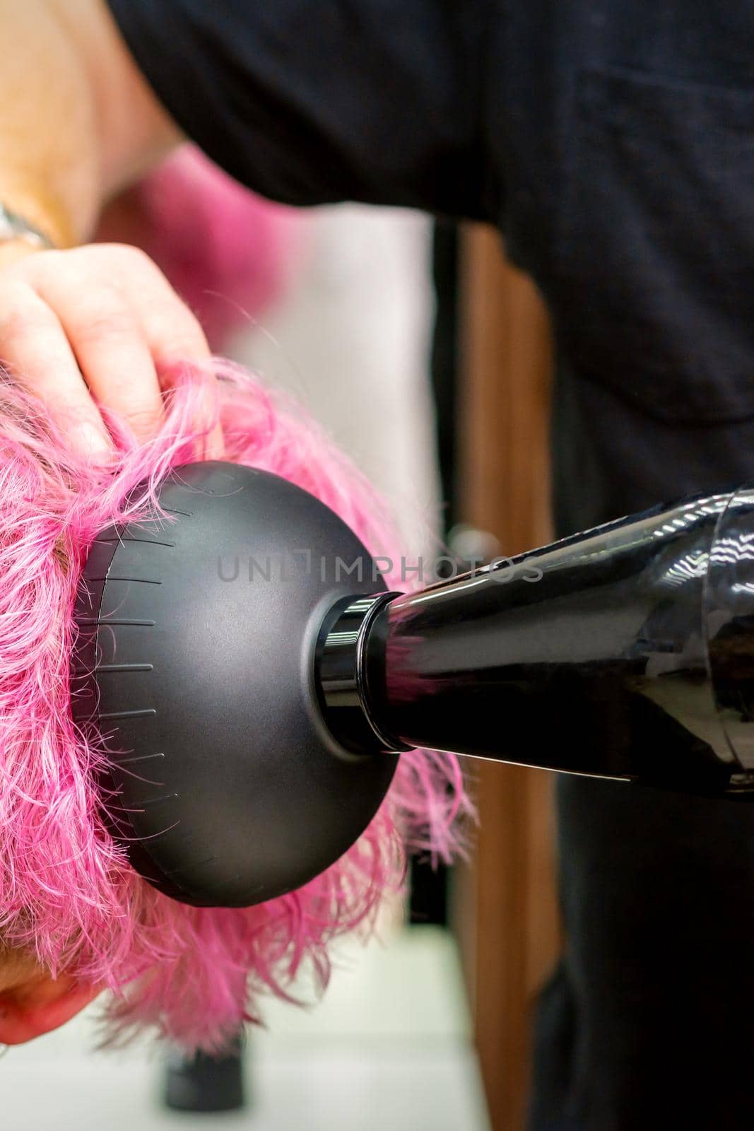 A male hairdresser professional drying stylish pink hair of the female client with a blow dryer in a beauty salon