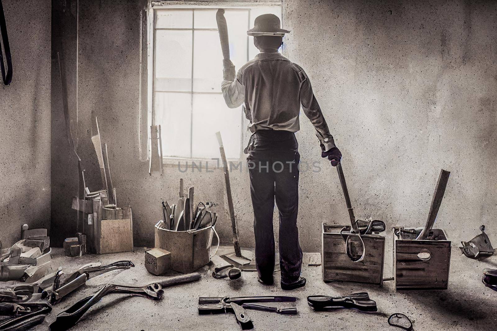 3d render attractive man in work clothes, holding tools in his hands. View from the back of the concept of Labor Day.