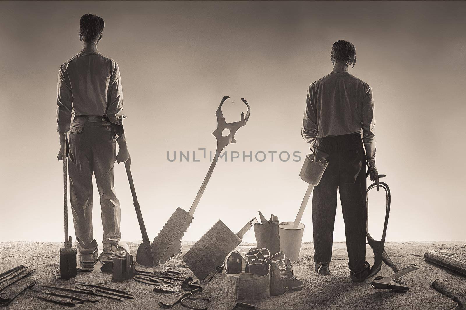 3d render attractive man in work clothes, holding tools in his hands. View from the back of the concept of Labor Day.