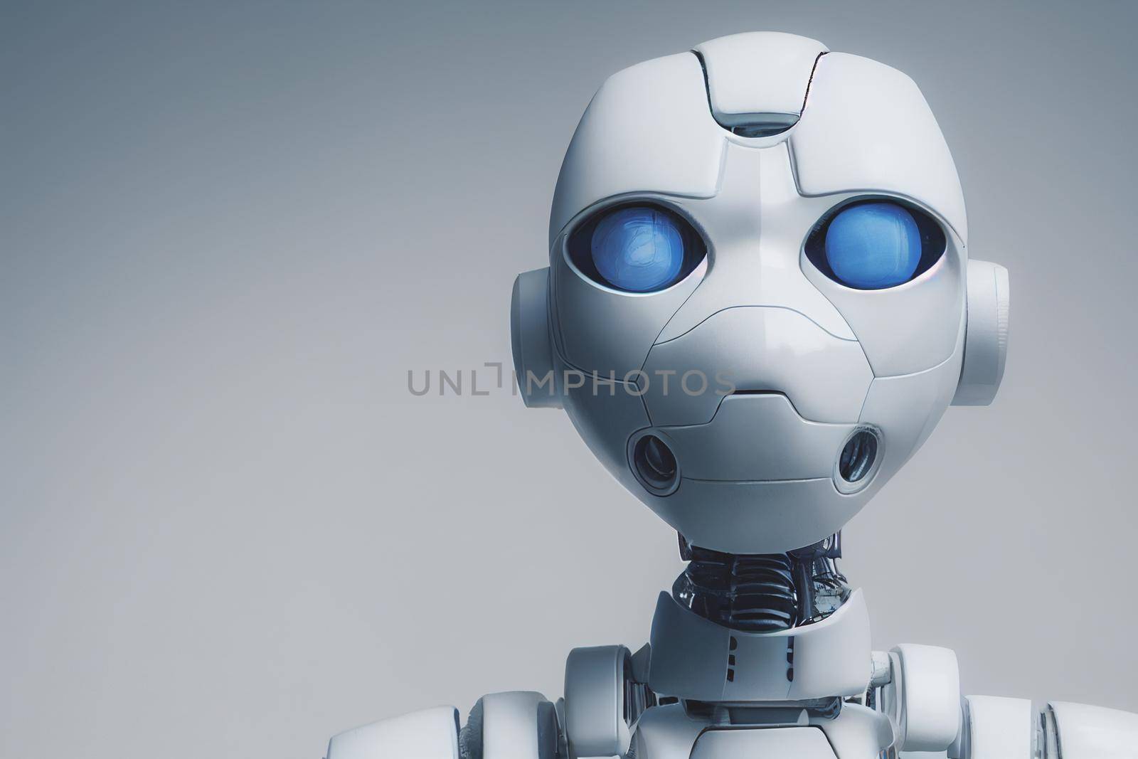 3D rendering humanoid artificial intelligence robot thinking or analyze information data in concept of artificial intelligence by machine learning process for 4th fourth industrial revolution.