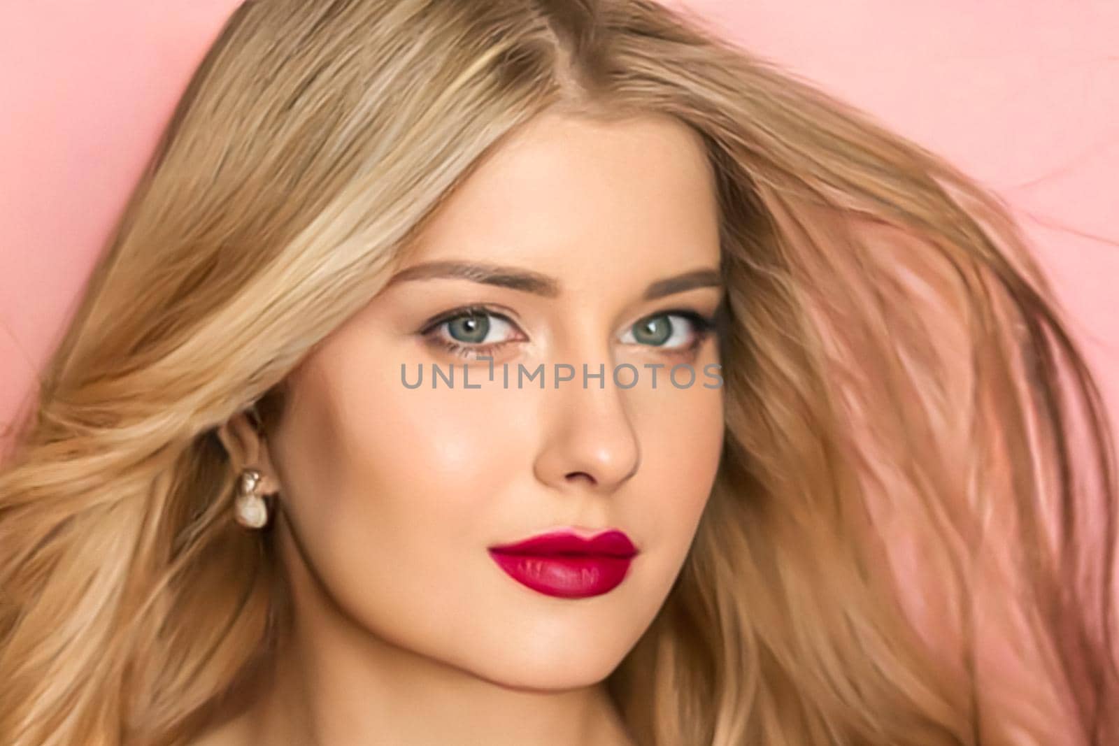 Beauty, makeup and hairstyle, beautiful blonde woman with red matte lipstick make up on pink background as bridal make-up look, fashion and glamour model face portrait for cosmetics, skincare and hair care brand