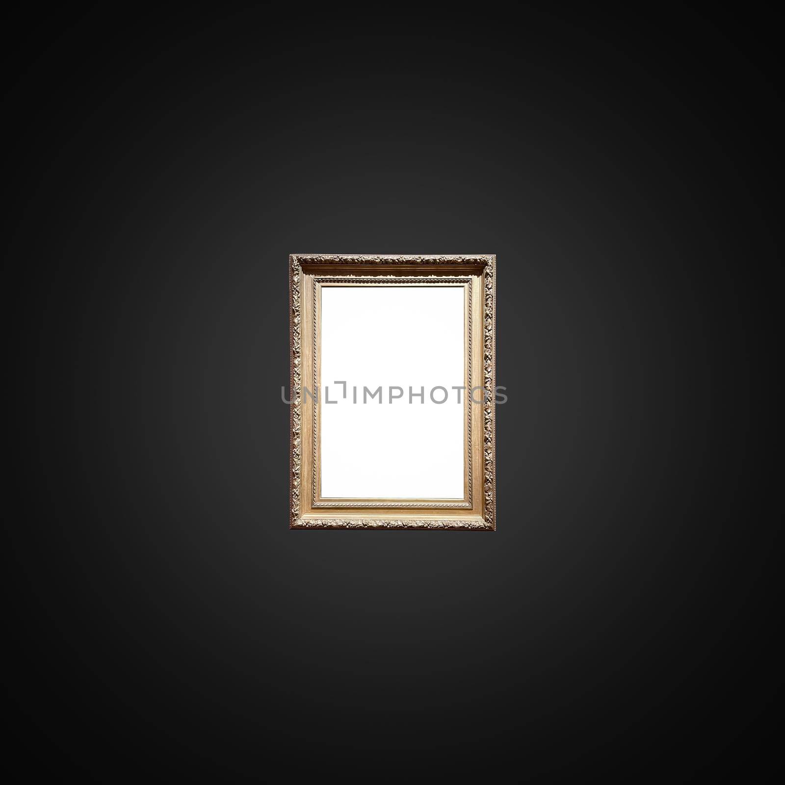 Antique art fair gallery frame on royal black wall at auction house or museum exhibition, blank template with empty white copyspace for mockup design, artwork concept