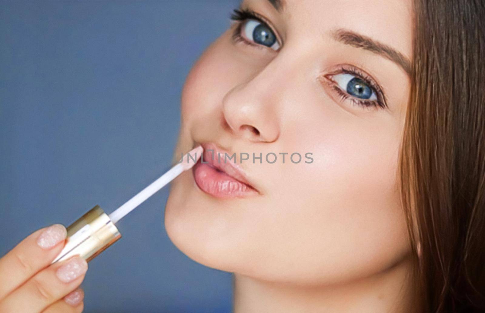 Beauty, makeup and skincare cosmetics model face portrait, beautiful woman applying lip gloss, cosmetic product and glamour make-up closeup