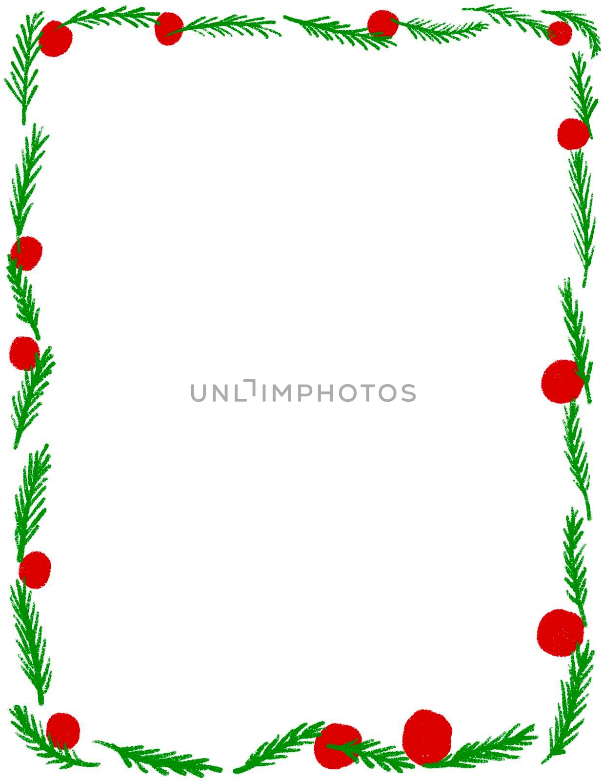 Hand drawn Christms frame with red green traditional ornaments and empty copyspace. December winter xmas decoration border, season holiday decor edge design, simple minimalist style doodle cartoon. by Lagmar