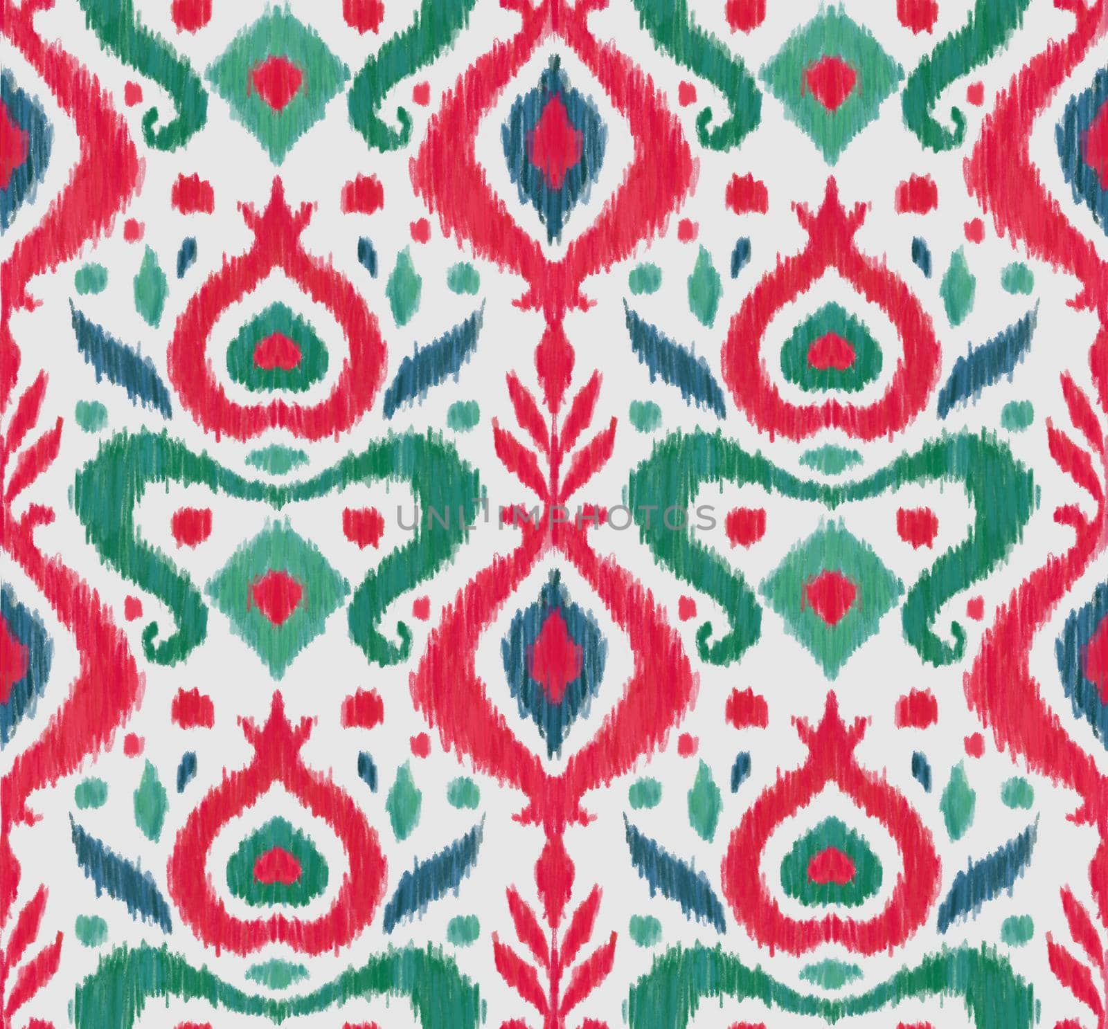 Ikat traditional folk textile pattern. Tribal ethnic hand drawn texture. Seamless background in Aztec, Indian, Scandinavian, Gypsy, or Mexican style. Raster illustration.