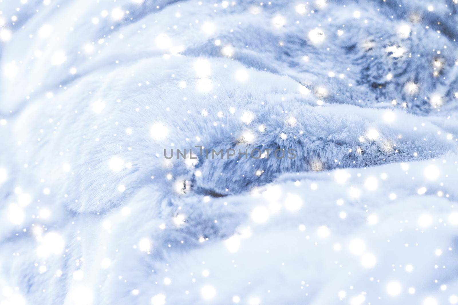 Christmas backdrop, warm winter clothing and fashion design concept - Holiday winter background, luxury fur coat texture detail and glowing snow