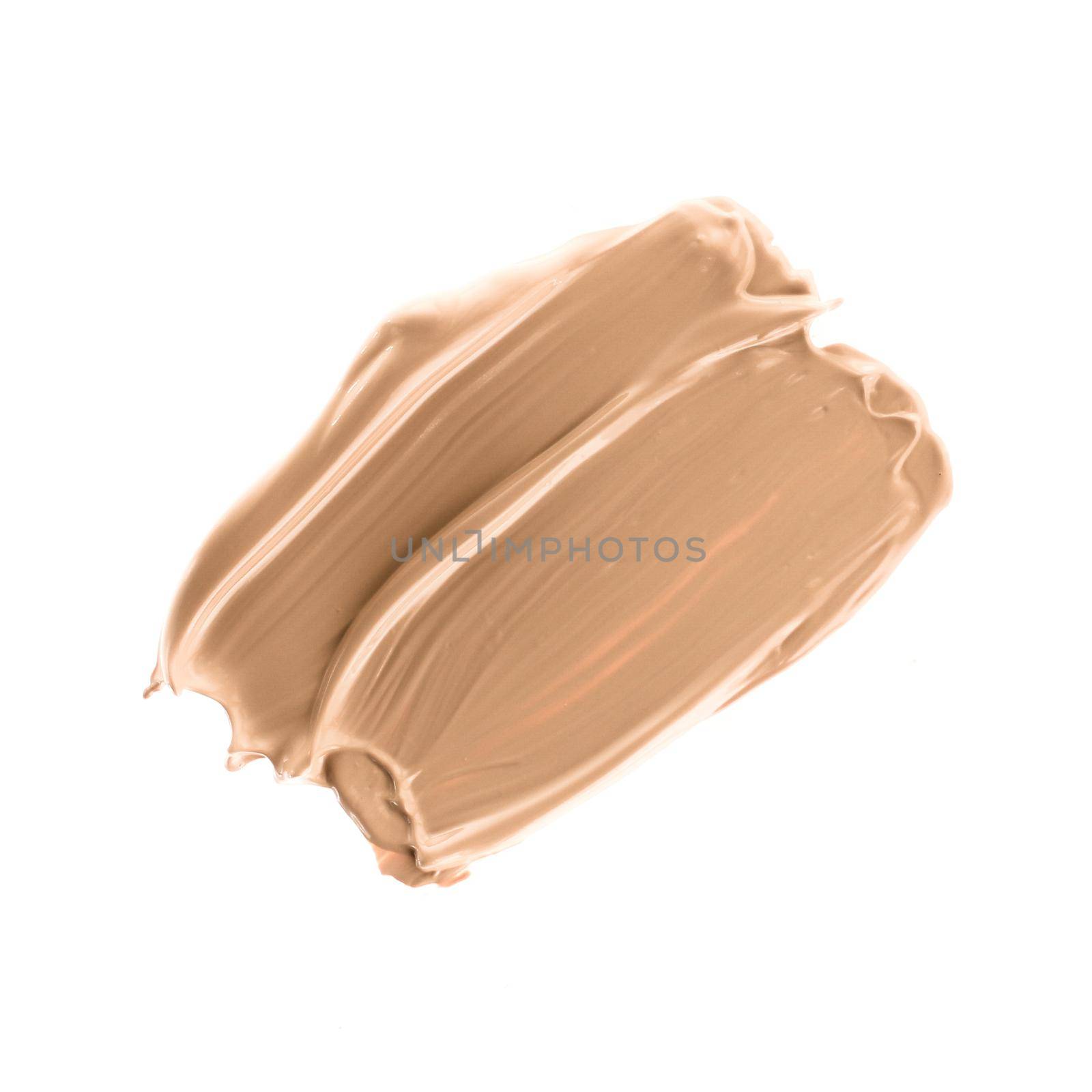 Make-up base foundation brush stroke isolated on white background, flatlay - cosmetic products, beauty texture background concept. Beige is always a good idea