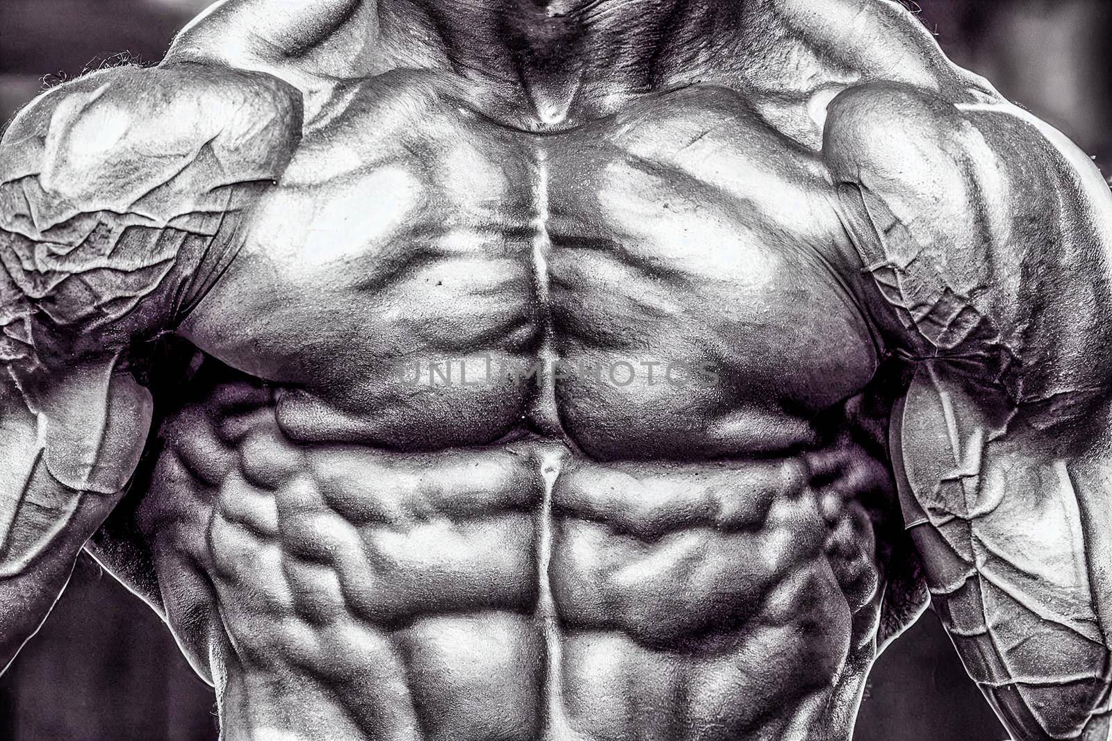 3D render close up on perfect abs. Strong bodybuilder with six pack. Fitness concept.