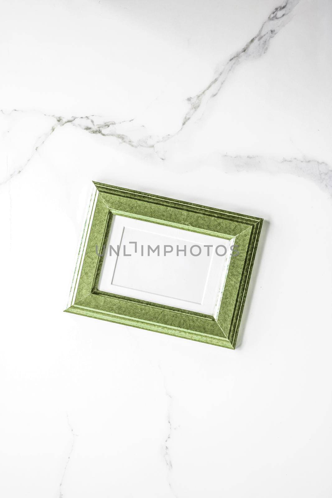 Modern feminine, artwork mock up, luxury design concept. Decorate with chic and style - Green photo frame on marble, flatlay