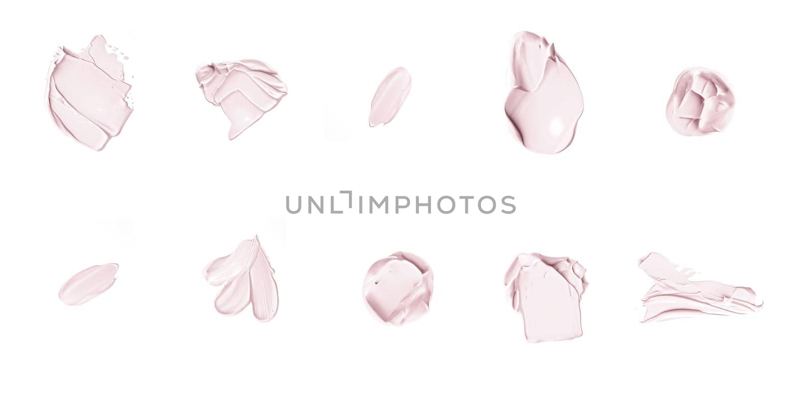 Pastel beige beauty swatches, skincare and makeup cosmetic product sample texture isolated on white background, make-up smudge, cream cosmetics smear or paint brush stroke closeup