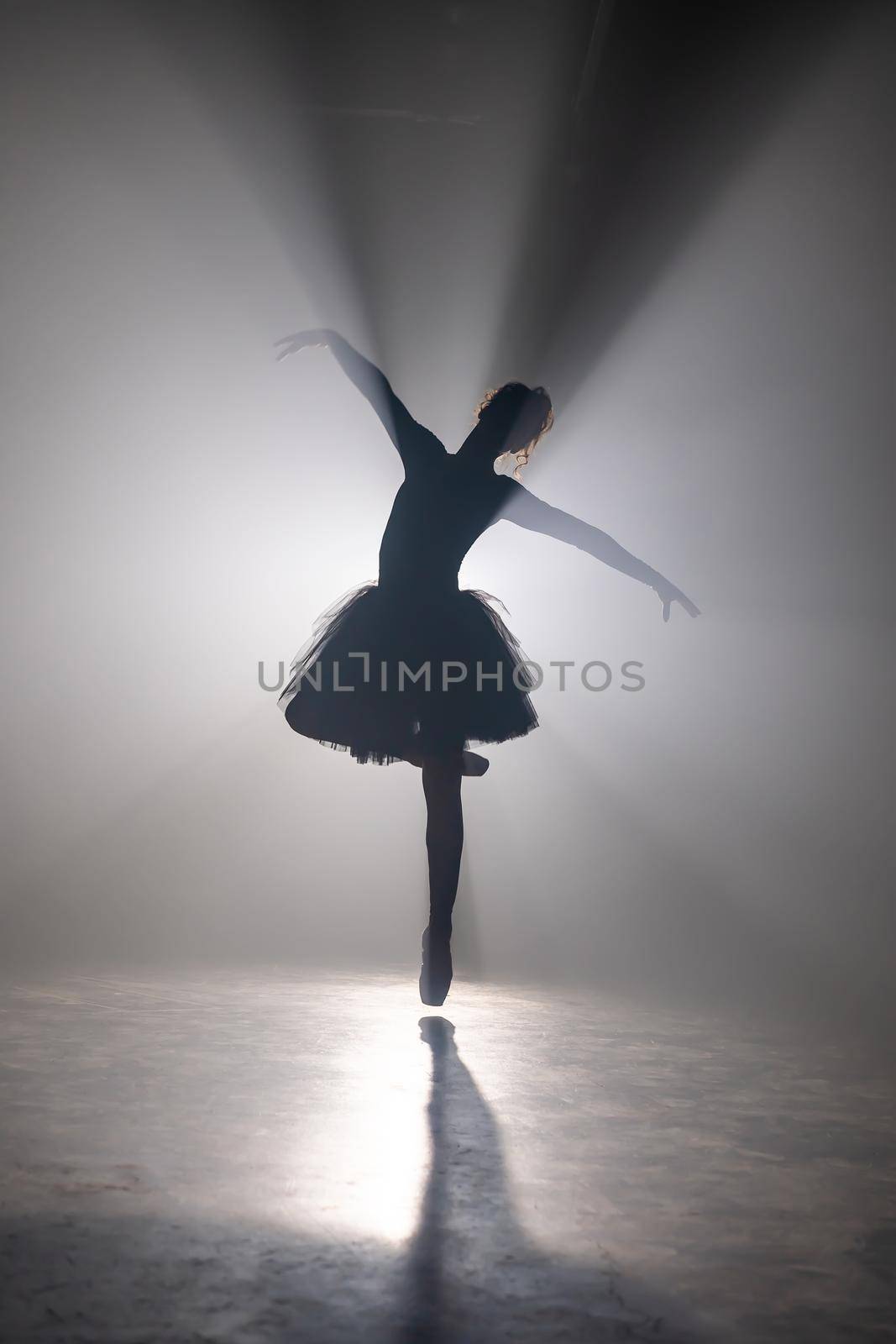 Ballet dancer in tutu performing, dancing on stage. Ballerina practices on floor in dark studio with smoke. Neon light. High quality photo