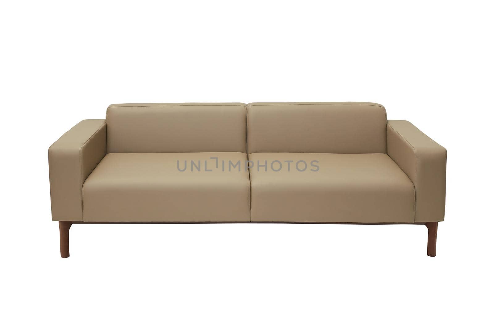 beige leather couch in strict style isolated on white background, front view. modern furniture in minimal style, interior, home or office design