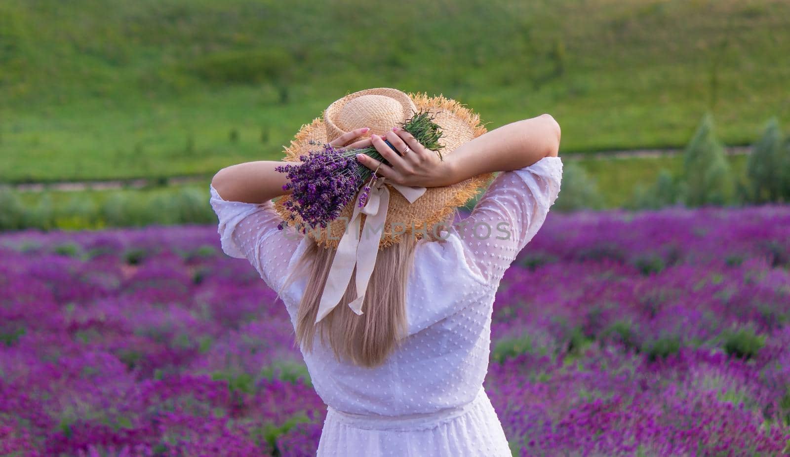 Woman in a field of lavender flowers in a white dress. Ukraine. selective focus