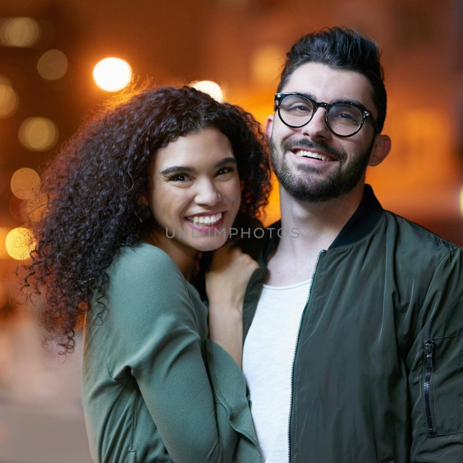 Ive found my soulmate. Portrait of a happy young couple outdoors at night