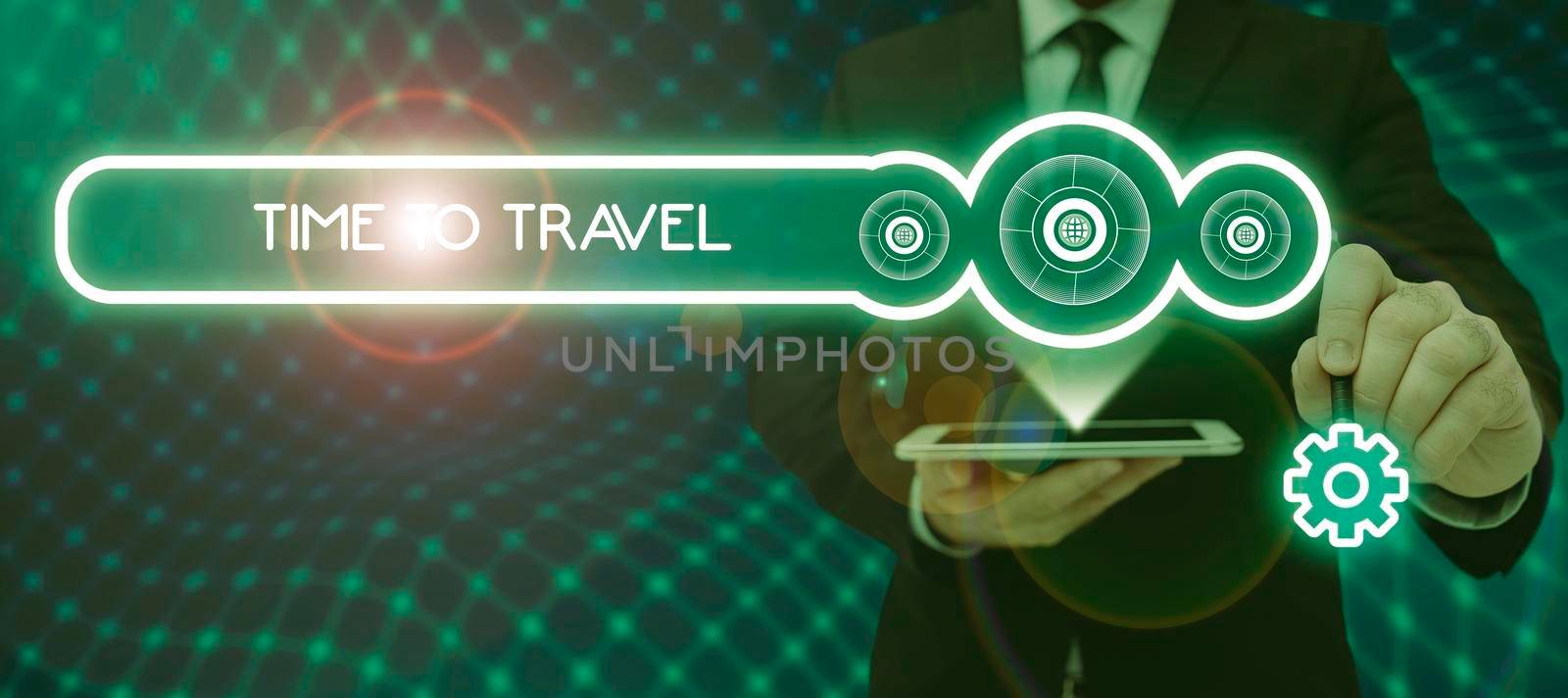 Inspiration showing sign Time To Travel. Conceptual photo Moving or going from one place to another on vacation Businessman With Tablet Pointing Digital S In Pattern And Information. by nialowwa