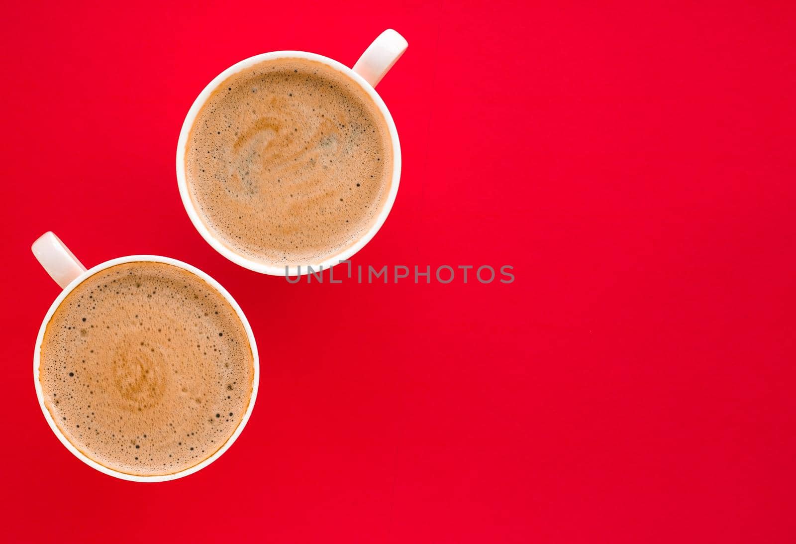 Breakfast, drinks and modern lifestyle concept - Hot aromatic coffee on red background, flatlay