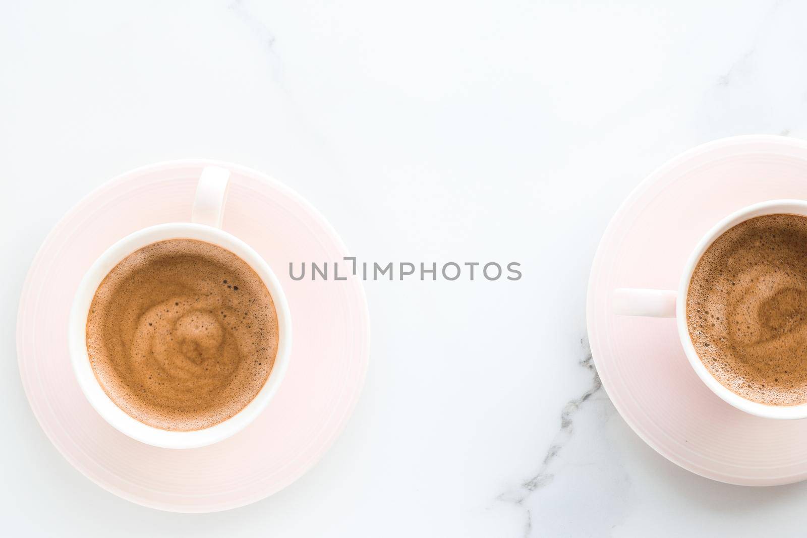 Breakfast, drinks and modern lifestyle concept - Hot aromatic coffee on marble, flatlay