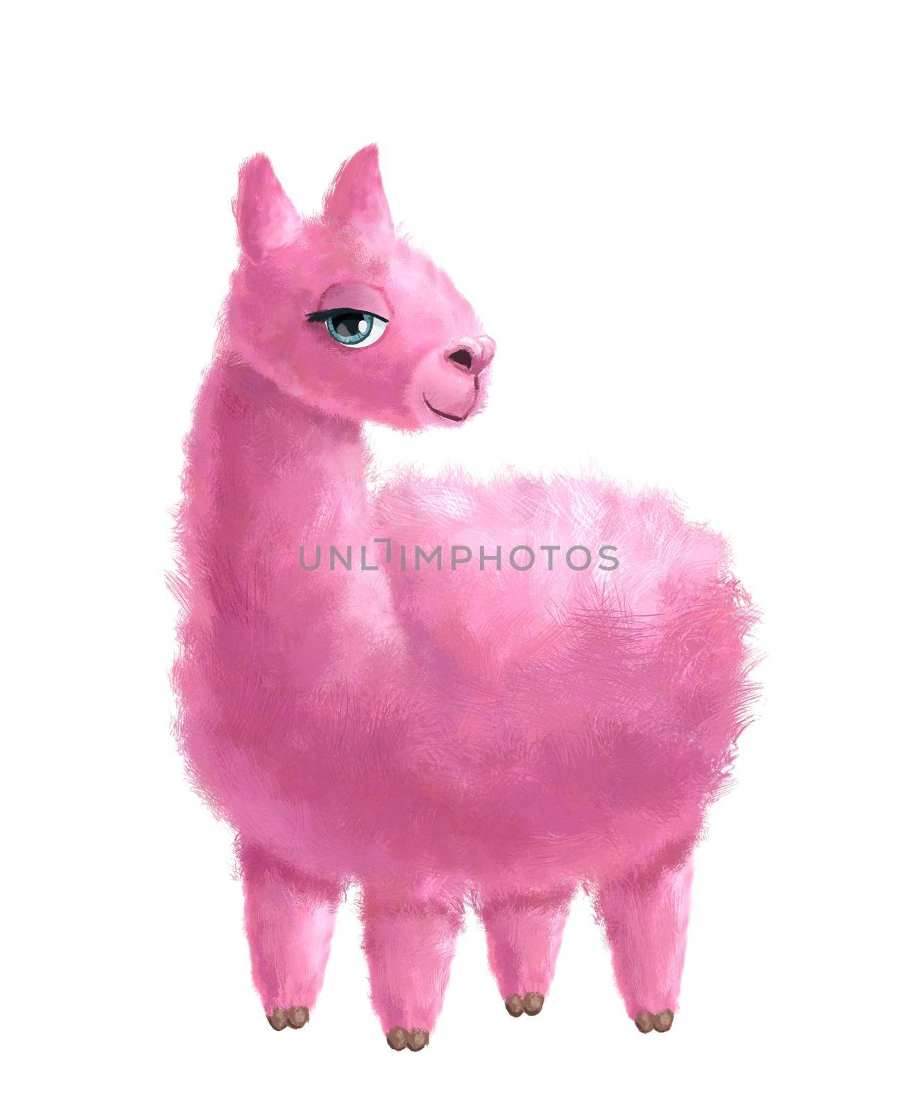 Pink alpaca girl. Watercolor hand painted illustration isolated white. Funny realistic llama animal.