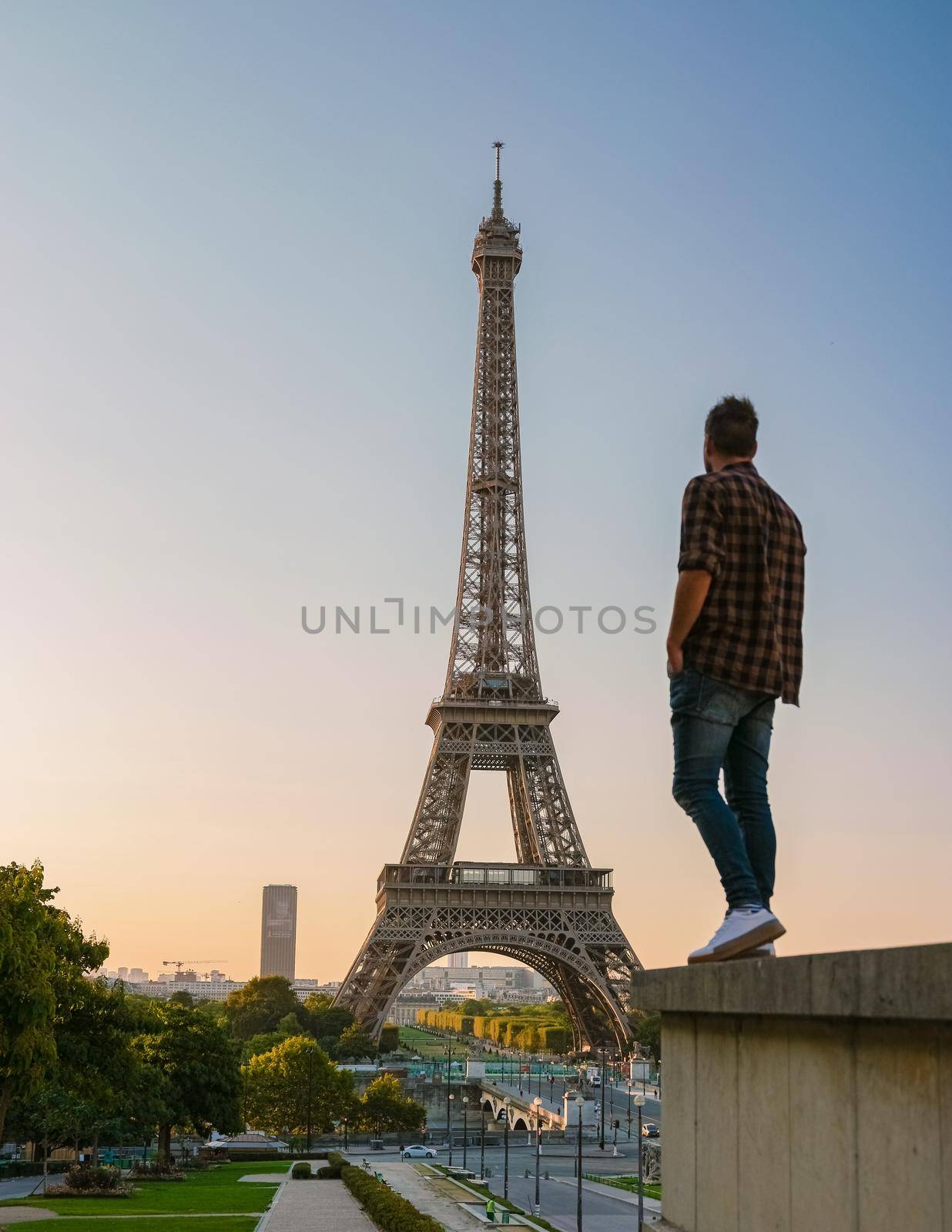 Eiffel tower at Sunrise in Paris France, Paris Eifel tower on a summer day by fokkebok