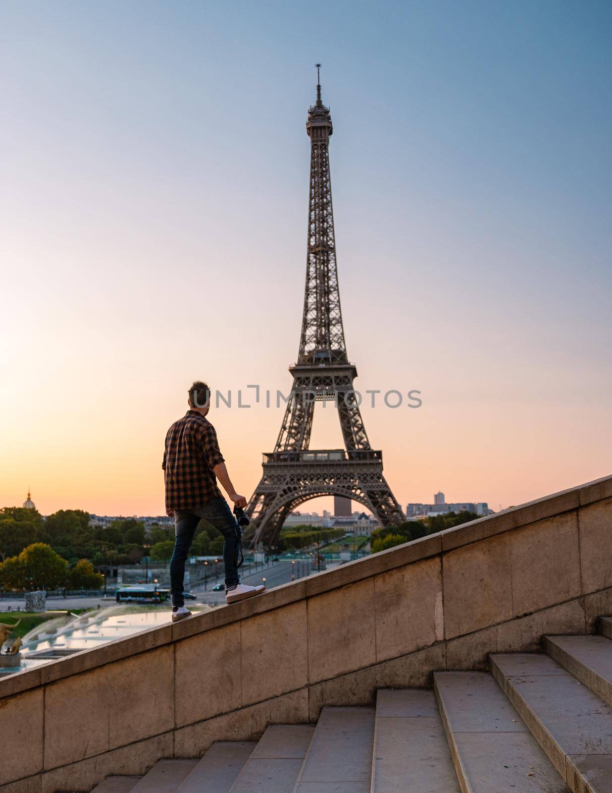 Eiffel tower at Sunrise in Paris France, Paris Eifel tower on a summer day by fokkebok