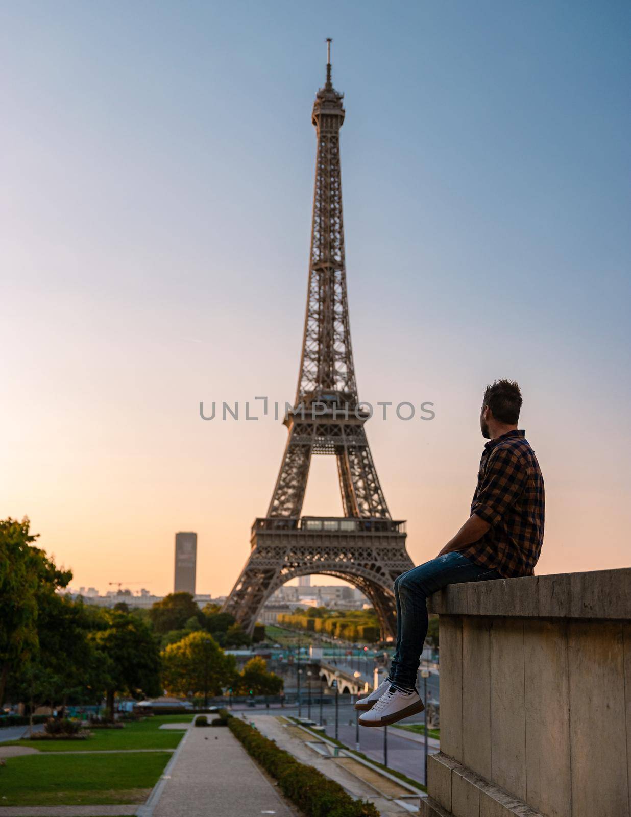 Eiffel tower at Sunrise in Paris France, Paris Eifel tower on a summer day by fokkebok