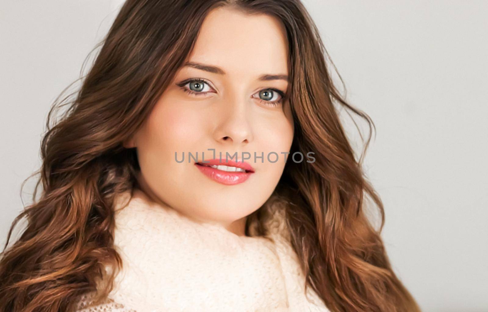 Autumn winter fashion and knitwear, beautiful woman wearing warm knitted scarf, close-up portrait