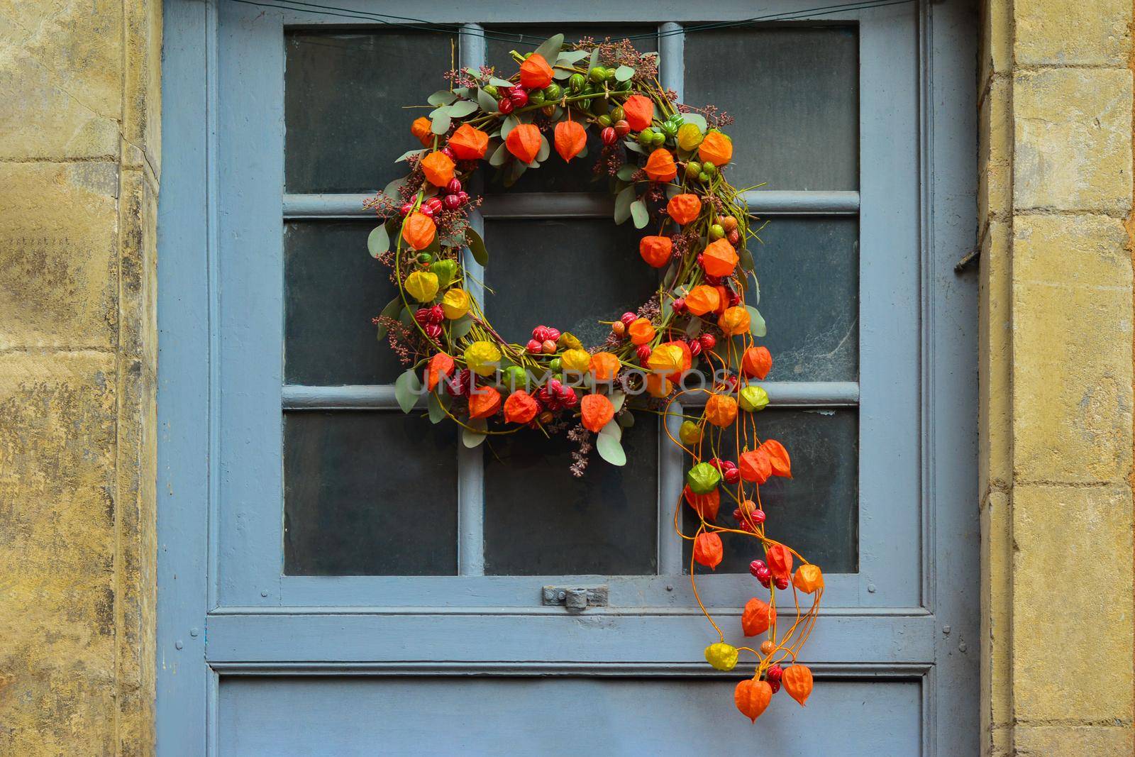 Wreath of autumn plants with physalis and red berries