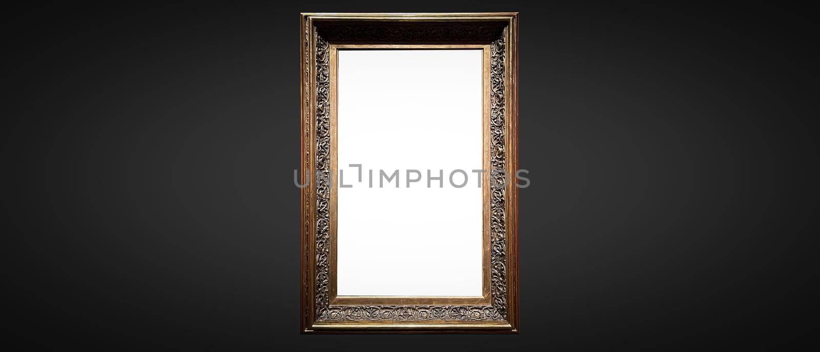 Antique art fair gallery frame on royal black wall at auction house or museum exhibition, blank template with empty white copyspace for mockup design, artwork concept