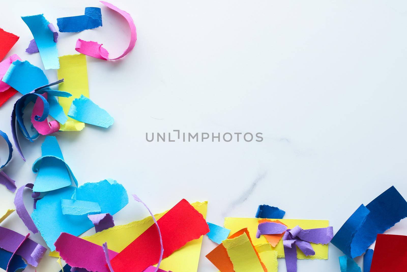 Holiday decor, creative design and party concept - Paper confetti on marble, flatlay background