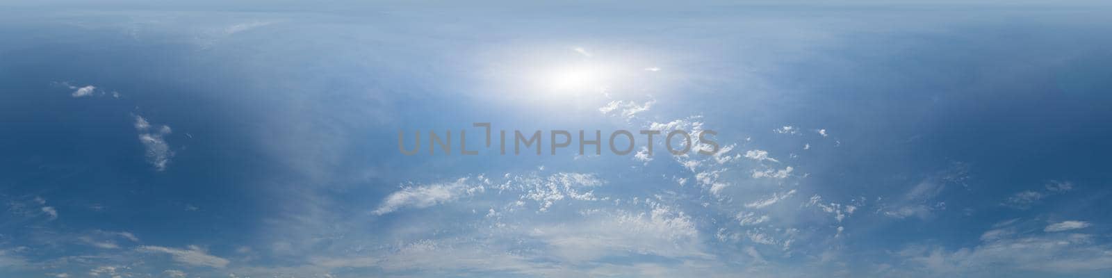 Blue summer sky panorama with light Cirrus clouds. Hdr seamless spherical equirectangular 360 panorama. Sky dome or zenith for 3D visualization and sky replacement for aerial drone 360 panoramas. by panophotograph