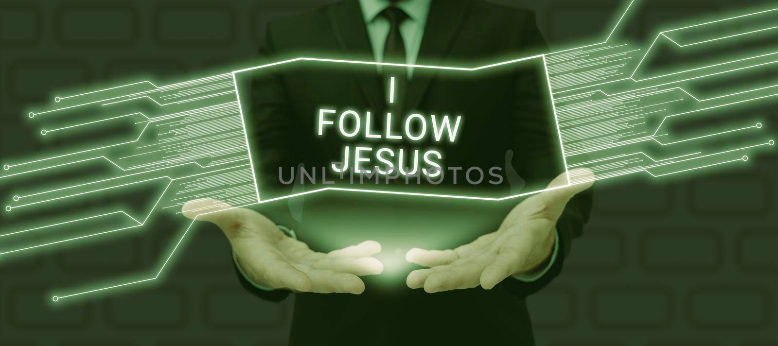 Sign displaying I Follow Jesus, Business concept Religious person with lot of faith Love for God Spirituality Standig Man With Crossed Arms Having Vr Glasses Presenting Important Ideas.