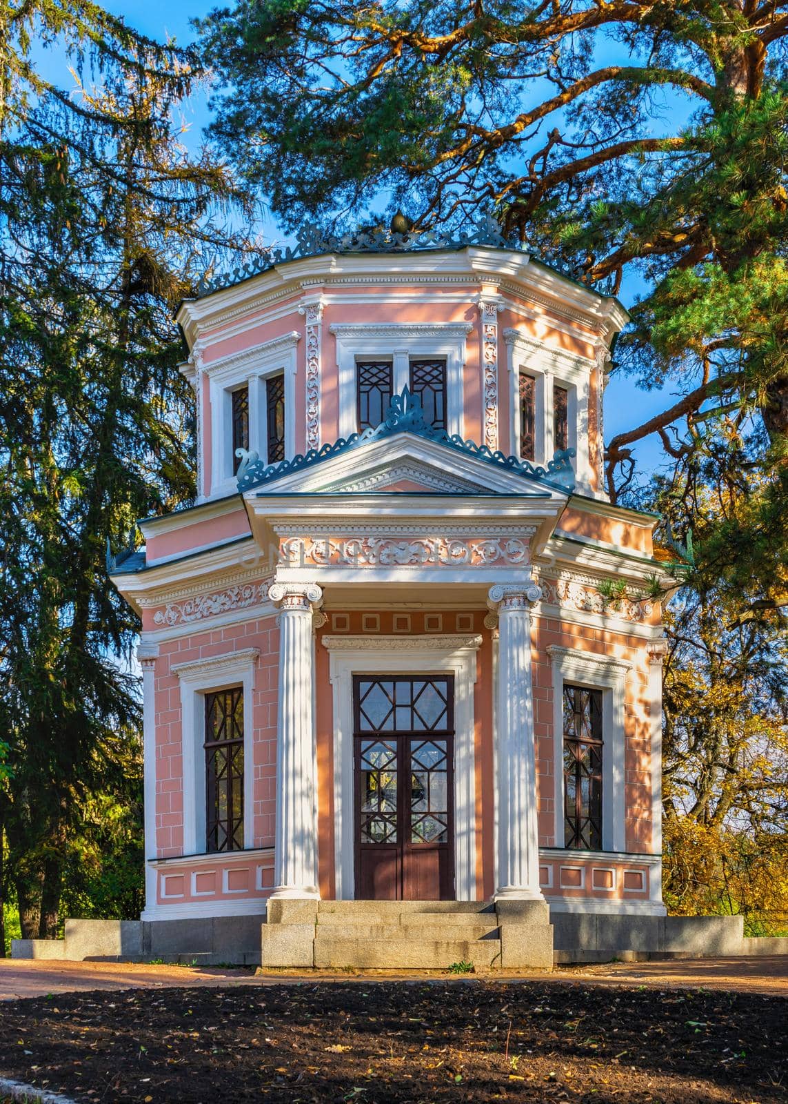 Pavilion on the island of anti Circe in the Sofievsky arboretum or Sofiyivsky Park in Uman, Ukraine, on a sunny autumn day