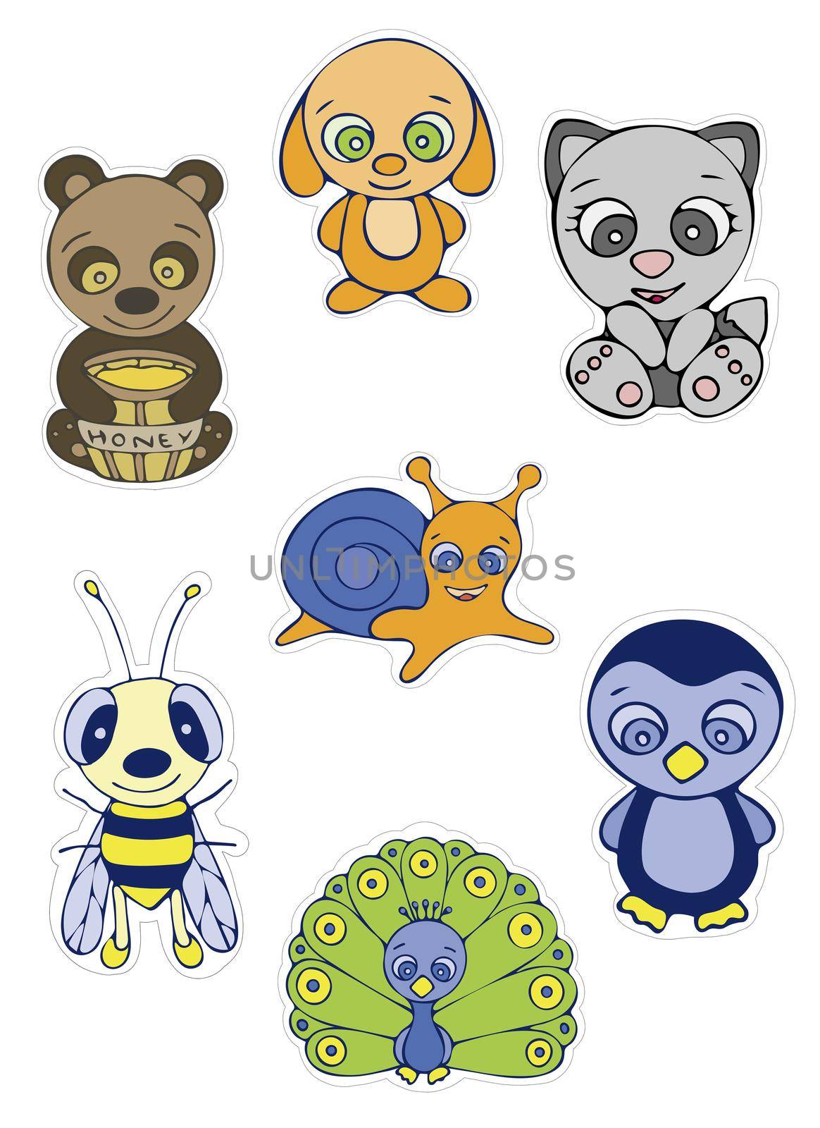 Set of Cute Animal Sticker for Kids. Collection of Isolated Animal Stickers on White Background. Bear with Honey, Bee, Dog, Cat, Snail, Peacock and Penguin.