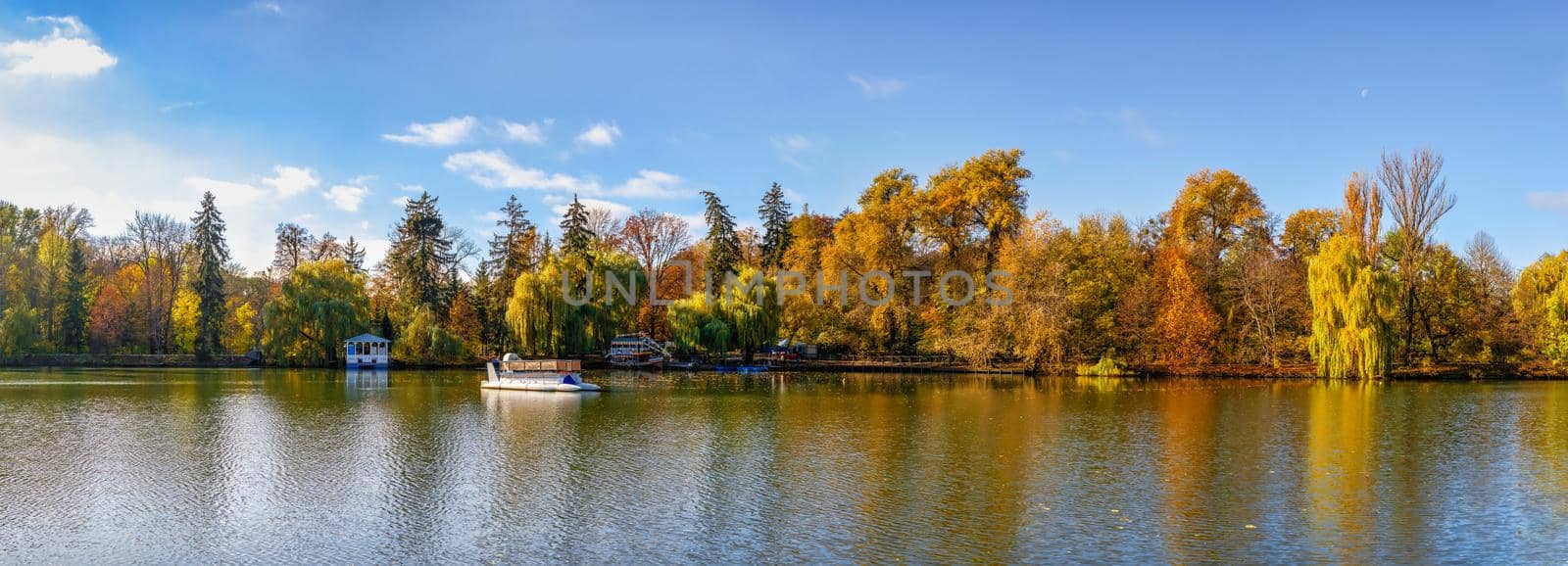 Upper Pond and Anti Circe Island in the Sofievsky arboretum or Sofiyivsky Park in Uman, Ukraine, on a sunny autumn day