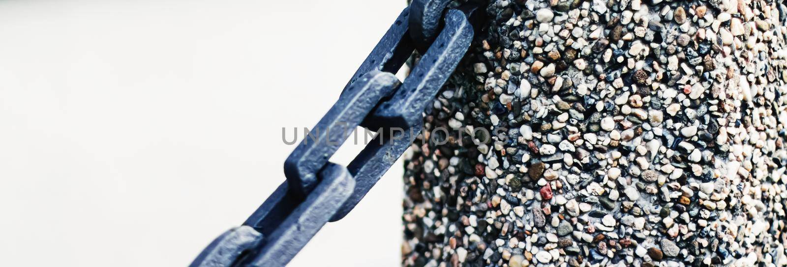 Metal chain closeup, marine background.