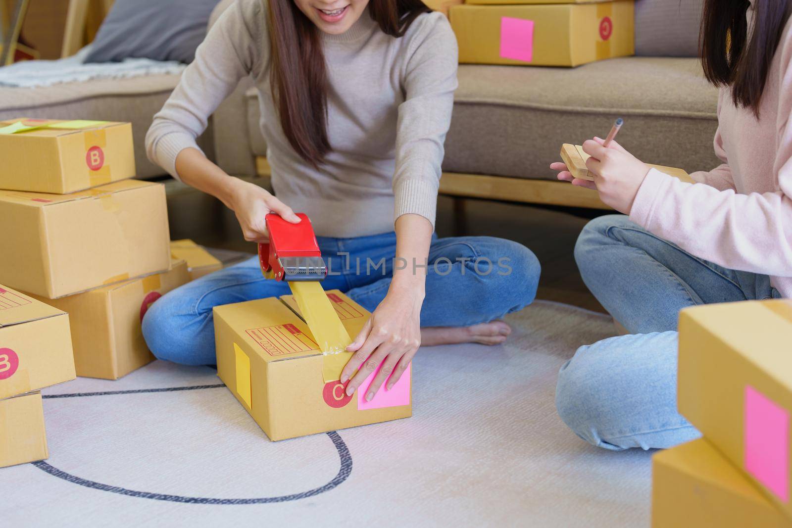 A businesswoman sells items online and checks the goods for packing by Manastrong